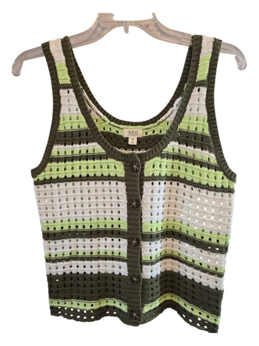 SLEEVELESS CROP TOP CROCHET GREEN WHITE OLIVE STRIPES SIZE MEDIUM A.N.A. COTTON